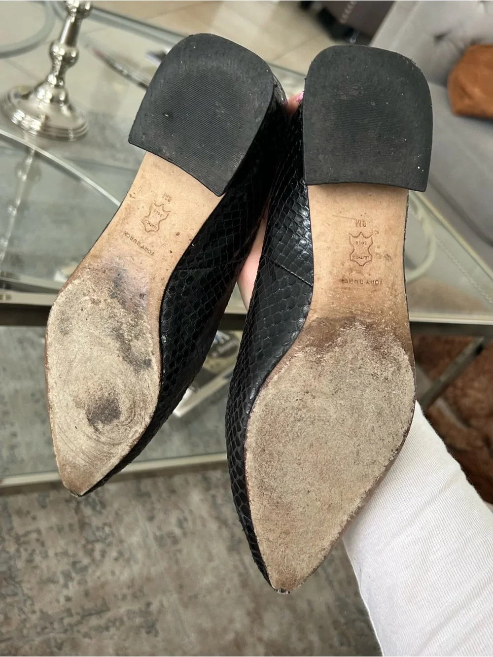 Tory Burch Black Pointed Snake-Embossed Leather Flats with Gold Plaque